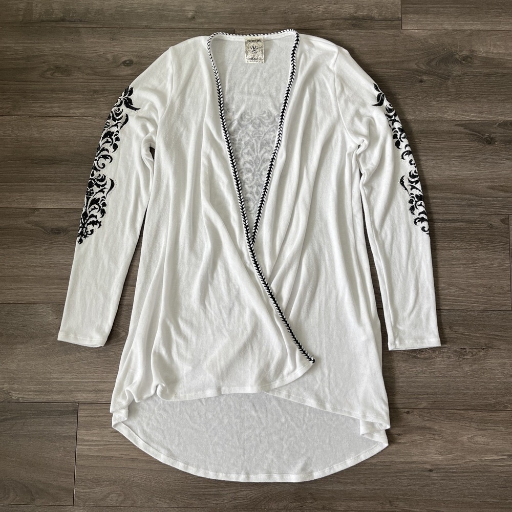 VTG Y2K Vocal Womens M Cardigan Sweater White Jeweled Black Graphic Tribal